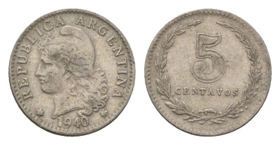 Аргентина 5 сентаво 1940 KM 34 медно-никель 4643-945
