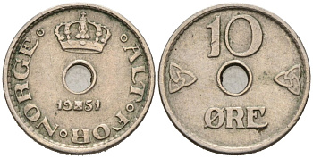 Норвегия 10 эре 1951 Хокон VII (1905-1957) KM 383 медно-никель 4564-821