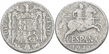 ИСПАНИЯ 10 СЕНТИМО 1941 РЫЦАРЬ НА КОНЕ KM 766 алюминий 87-654