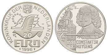 Нидерланды 20 евро 1996 400 лет со дня рождения Константейна Хёйгенса X 128 серебро PROOF 443-1345