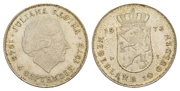 Нидерланды 10 гульденов 1973 25 лет правлению Королевы Юлианы KM 196 серебро 650-915