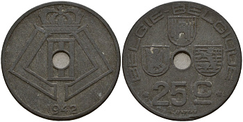 Бельгия 25 сантимов 1942 Belgie - Belgique, Леопольд III (1934-1947), германская оккупация, Вторая мировая война KM 132 цинк 4157-524