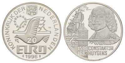Нидерланды 20 евро 1996 400 лет со дня рождения Константейна Хёйгенса X 128 серебро PROOF 443-1345
