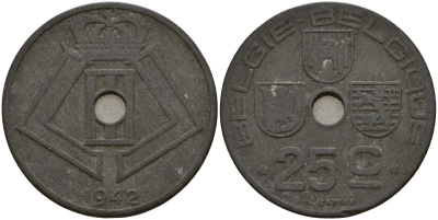 Бельгия 25 сантимов 1942 Belgie - Belgique, Леопольд III (1934-1947), германская оккупация, Вторая мировая война KM 132 цинк 4157-524