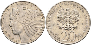 Польша 20 злотых 1975 MW, Международный год женщины KM 75, Parchimowicz 248 медно-никель AUNC 4531-1234