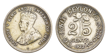 Цейлон 25 центов 1922 Георг V (1910-1936) KM 105a серебро 1516-1213