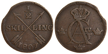 Швеция 1/2 скиллинга 1807 Густав IV Адольф (1792-1809) KM 565 медь 71-1436