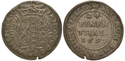 САКСОНИЯ 1/24 ТАЛЕРА 1697 IK, ФРИДРИХ АВГУСТ I (1694-1733), С ОТВЕРСТИЕМ KM 645, Kahnt 186, Kohl 405, Slg. Merseburger 1618. серебро 4513-144