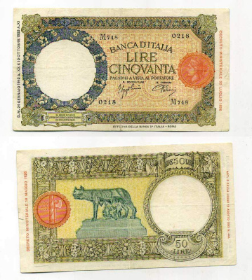 Италия 50 лир 1942 изображение Ромула и Рема, Pick 58, Grapanzano 122 000-00-00