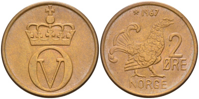 Норвегия 2 эре 1967 глухарь, Улаф V (1958-1991) KM 410 бронза 4582-532