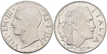 ИТАЛИЯ 20 ЧЕНТЕЗИМО 1941 R, ГОД XIX, ВИКТОР ЭММАНУИЛ III (1900-1946) KM 75b, VEM3. 1028 нержавеющая сталь 3853-1146