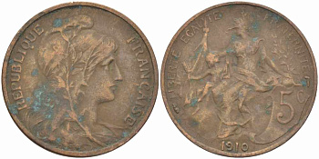ФРАНЦИЯ 5 САНТИМОВ 1910 ТИП ДАНИЭЛЬ ДЮПЮИ KM 842, LE FRANC 119.22 бронза 108-925