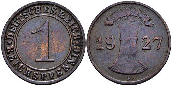ГЕРМАНИЯ 1 РЕЙХСПФЕННИГ 1927 F KM 37, J. 313, Weege 2 бронза 4547-124