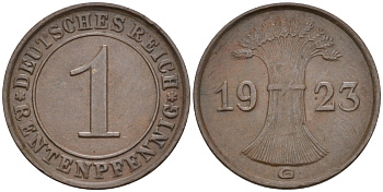 Германия 1 рентенпфенниг 1923 G KM 30, J.306, Weege 1 медь 4585-539