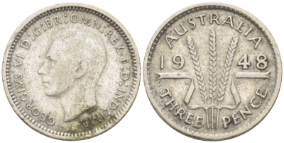 Австралия 3 пенса 1948 m, Георг VI (1937-1952), без букв KM 37a серебро 3955-438
