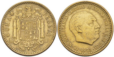Испания 1 песета 1953 (56) Франциско Франко (1939-1975) KM 775 алюминиевая бронза 216-551