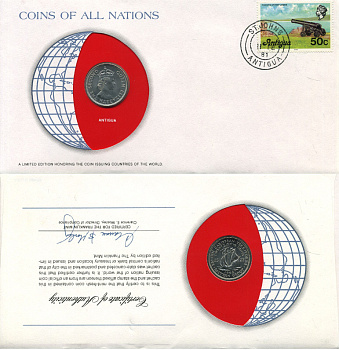 Восточно-Карибские штаты, Антигуа 25 центов 1965 конверт с маркой первого дня гашения, Coins of Nations KM 6 медно-никель UNC 4294-61-3