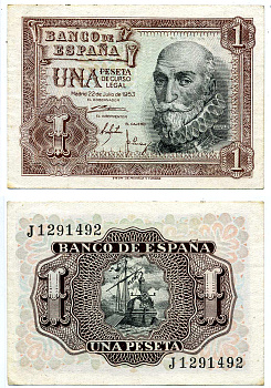 Испания 1 песета 1953 22 июля 1953, Мигель де Санта Круз Pick 144а бумага 7203-78-1-2