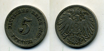 ГЕРМАНИЯ 5 ПФЕННИГОВ 1900 F, KM 11, J. 12 медно-никель 58-1125