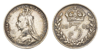 Великобритания 3 пенса 1889 Виктория (1837-1901) KM 758, Spink 3932 серебро 1516-1033