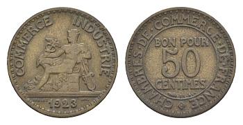 Франция 50 сантимов 1923 KM 884, Le Franc 191.6 алюминиевая бронза 83-321