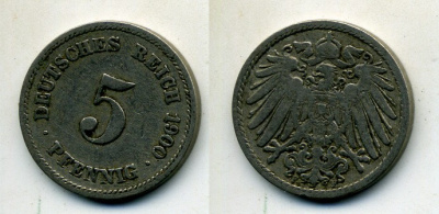 ГЕРМАНИЯ 5 ПФЕННИГОВ 1900 F, KM 11, J. 12 медно-никель 58-1125