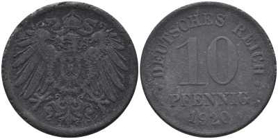 Германия 10 пфеннигов 1920  KM 26, J. 299 цинк 4116-547