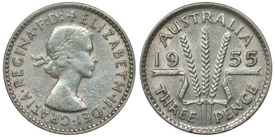 Австралия 3 пенса 1955 m, Елизавета II (1952-2022) KM 57 серебро 71-427