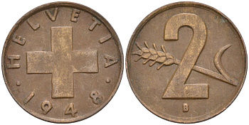 Швейцария 2 раппена 1948 В KM 47 бронза 4591-555