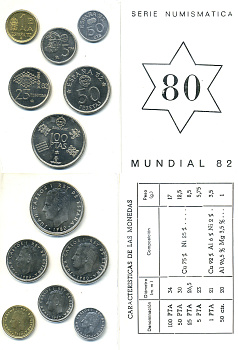 Испания официальный набор из 6 монет (50 сентимов; 1, 5, 25, 50 и 100 песет) 1980 чемпионат мира по футболу в Испании 1982 года KM MS11 (815, 816, 817, 818, 819 и 820)  UNC 1-5-2-08