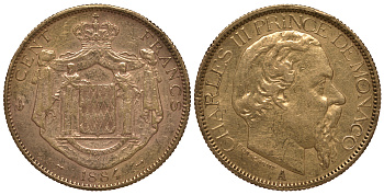 Монако 100 франков 1884 Карл III KM 99 золото 00-000-00
