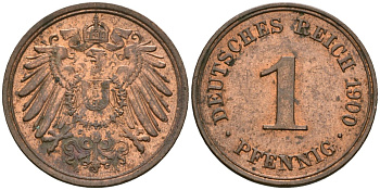 Германия 1 пфенниг 1900 A, Вильгельм II (1888-1918) KM 10, J. 10 медь 4608-565