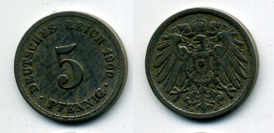 ГЕРМАНИЯ 5 ПФЕННИГОВ 1900 A, KM 11, J. 12 медно-никель 58-1243