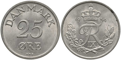 Дания 25 эре 1954 N; S, Фредерик IX (1947-1972) KM 842.1 медно-никель 175-716