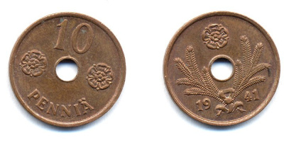 ФИНЛЯНДИЯ 10 ПЕННИ 1941 KM 33.1 медь 51-4925