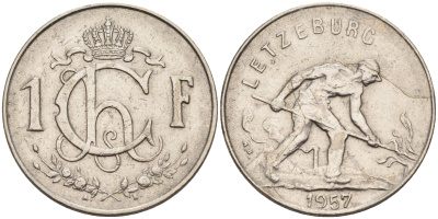 Люксембург 1 франк 1957 сталевар KM 46.2 медно-никель    4142-432