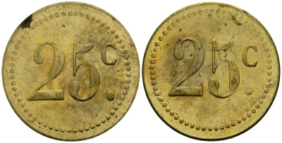 Франция 25†сантимов XIX-XX век ресторанный жетон латунь 4166-1127
