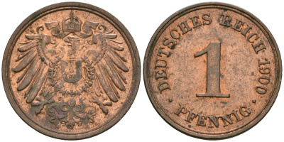Германия 1 пфенниг 1900 A, Вильгельм II (1888-1918) KM 10, J. 10 медь 4608-565
