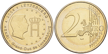 Люксембург 2 евро 2004 Портрет и монограмма герцога Люксембурга Анри Нассау KM 85 биметалл 4148-825