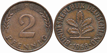 ФРГ 2 ПФЕННИГА 1968 D KM 106а, J. 381а сталь плакированная сталь плакированная медьюю 112-139