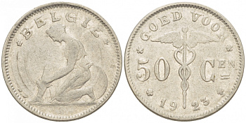 БЕЛЬГИЯ 50 САНТИМОВ 1923 BELGIE KM 88 никель 261-1138