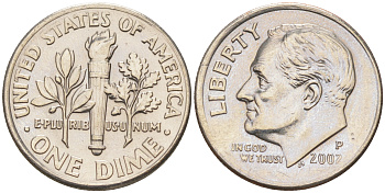 США 10 ЦЕНТОВ = 1 ДАЙМ 2002 P, РУЗВЕЛЬТ KM 195a медь плакированная медно-никелем 188-741