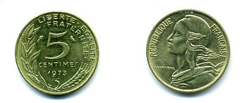 ФРАНЦИЯ 5 САНТИМОВ 1973 ТИП MARIANNE КМ 933 медь алюминий никель 3999-623