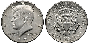 США 1/2 доллара (50 центов) 1972 Джон Кеннеди KM 202b медь плакированная медно-никелем 4680-1015