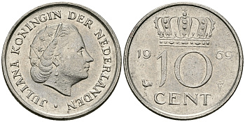 Нидерланды 10 центов 1969 Юлиана (1948-1980) KM 182 никель 96-456