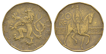 Чехия 20 крон 1993 чешский лев, герцог Вацлав на коне KM 5 сталь плакированная латунью 4633-636