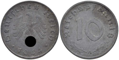ГЕРМАНИЯ 10 РЕЙХСПФЕННИГОВ 1944 A KM 101, J. 371 цинк 4401-525