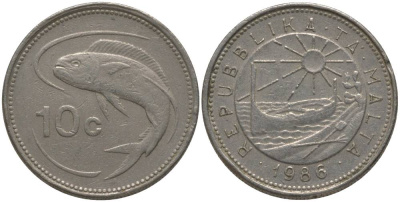 Мальта 10 центов 1986 золотая макрель KM 76 медно-никель 181-157