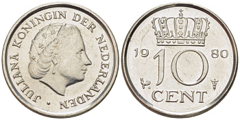 Нидерланды 10 центов 1980 Юлиана (1949-1980) KM 182 никель aUNC 4396-421