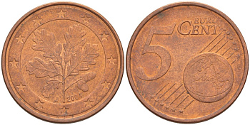 ГЕРМАНИЯ 5 ЕВРОЦЕНТОВ 2004 J KM 209 сталь плакированная медью 4543-535